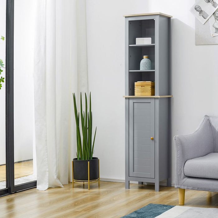 kleankin Bathroom Floor Storage Cabinet with 3 Tier Shelf and Cupboard with Door, Free Standing Linen Tower, Tall Slim Side Organizer Shelves, Grey