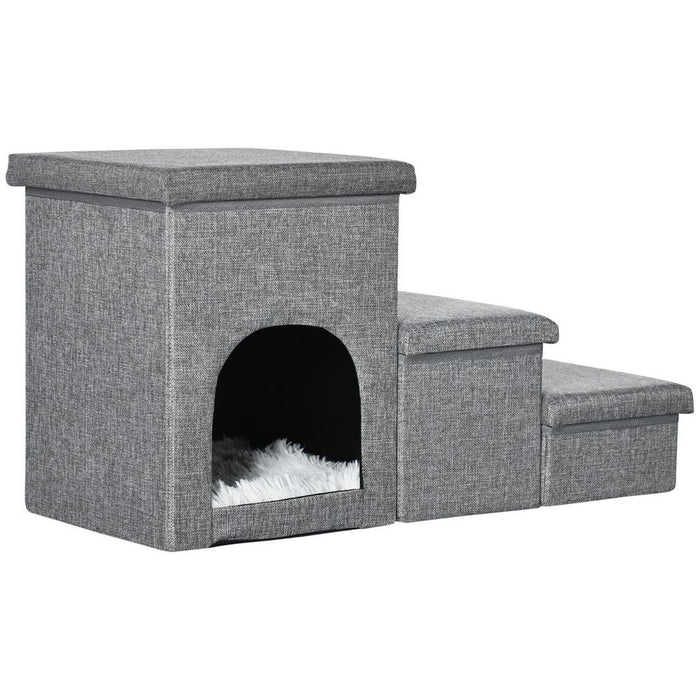 PawHut 3 Step Dog Steps w/ Cat House Storage Boxes - Grey, High-Quality & Multifunctional - Perfect for Beds & Sofas!