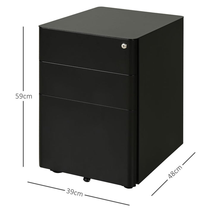 3 Draw Metal Filing Cabinet Lockable 4 Wheel Compact Under Desk Black Vinsetto