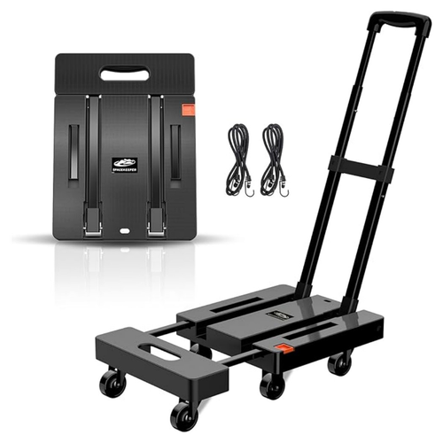 SPACEKEEPER Folding Hand Trolley, 227KGS Heavy Duty Platform Trolley with 6 Wheels and 2 Elastic Ropes for Luggage, Travel, Car, Shopping, Moving and Office, Orange