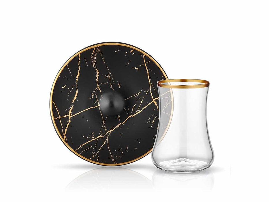 Dervish Marble Tea Glass and Saucer - Black & Mat Gold