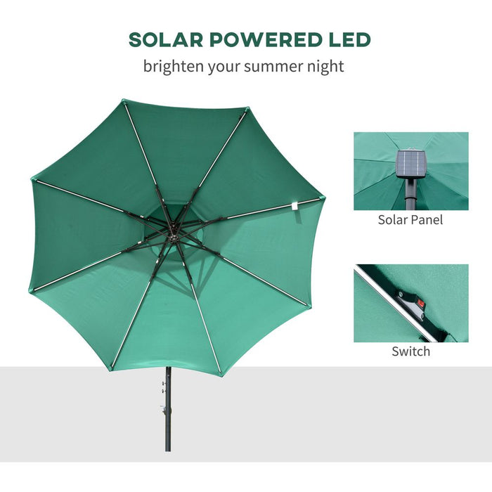 Premium 3m Double Roof Cantilever Banana Parasol w/ LED Solar Lights - Crank, Green