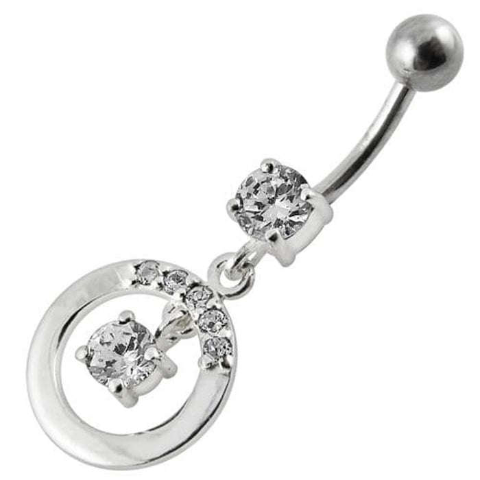 Fancy Jeweled Round With Stone Pendulum Dangling Banana Bar Belly Ring