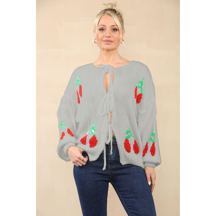 Stylish Crop Triple Tie Bow Cherry Front Cable Knit Cardigan