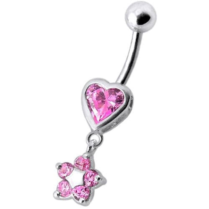 Jeweled Heart with Dangling Flower Belly Ring