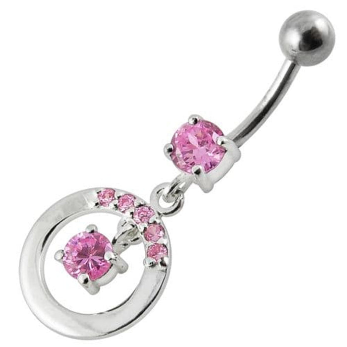 Fancy Jeweled Round With Stone Pendulum Dangling Banana Bar Belly Ring