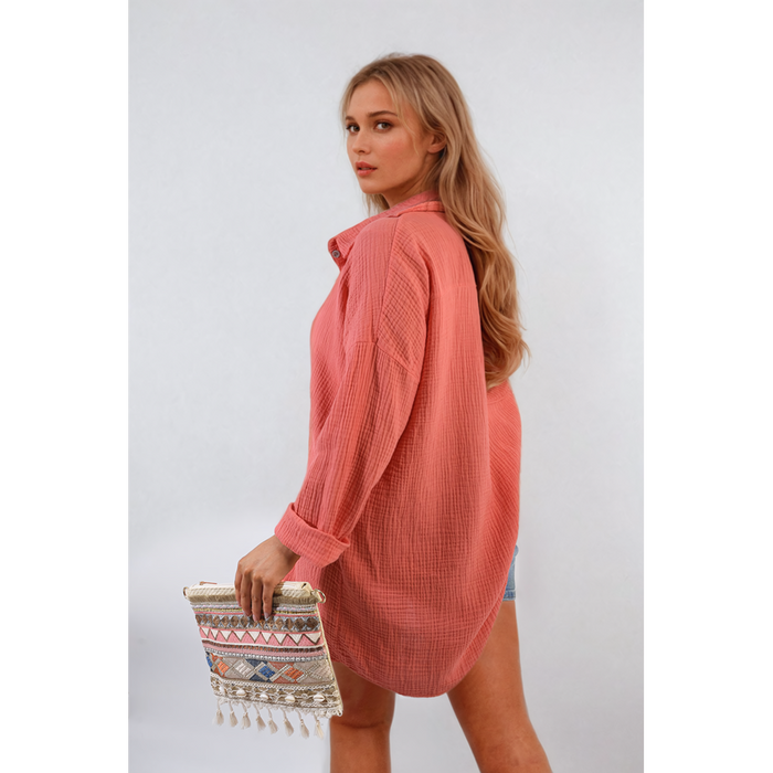 Effortlessly Stylish Clemmie Button Down Shirt - Oversized & Long Sleeve - Lightweight Comfort - Perfect All Occasion - Pink