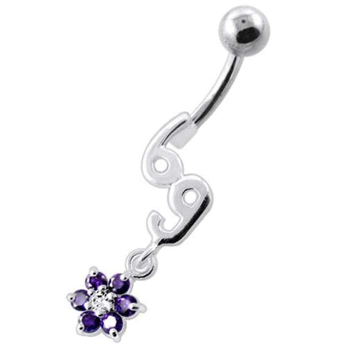 69 with flower Dangling Navel Belly bar