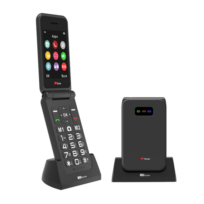 High-Quality TTfone Black Flip 4G Mobile w/ Dock Charger. O2 Pay As You Go. Big Button & Emergency Assistance. Free Shipping!