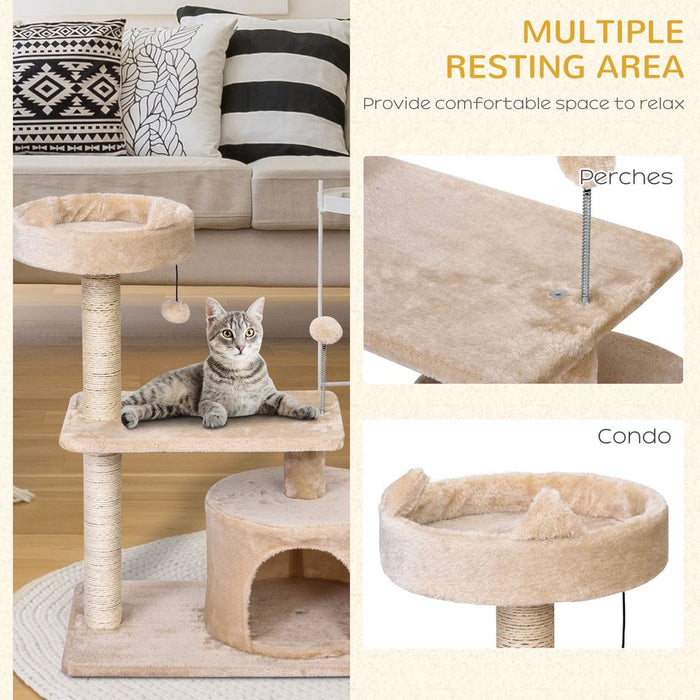 PawHut Mult-level Cat Tree Scratch Post Scratcher Climbing Tower Kitty Activity Center Condo Perch Jumping Platforms Beige 61L x 41W x 81H cm