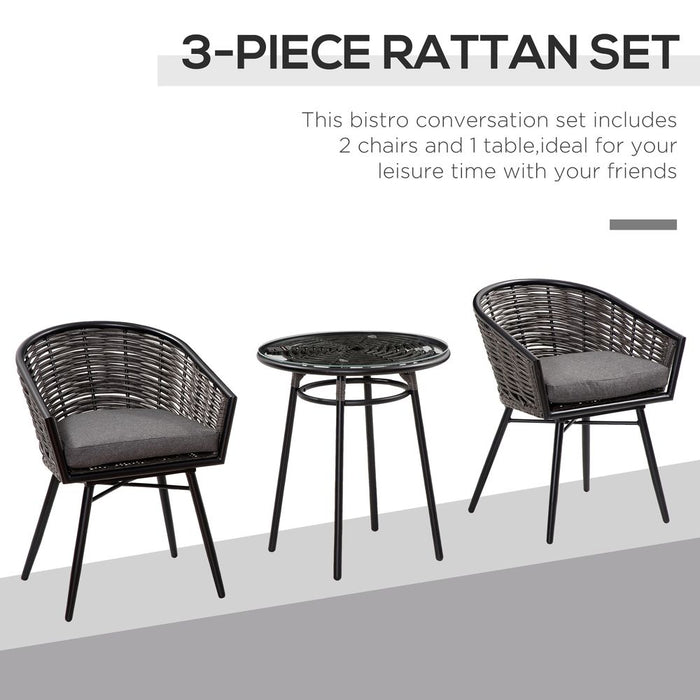 Premium Grey Rattan Bistro Set - 2 Chairs & 1 Coffee Table - Outdoor & Patio Furniture