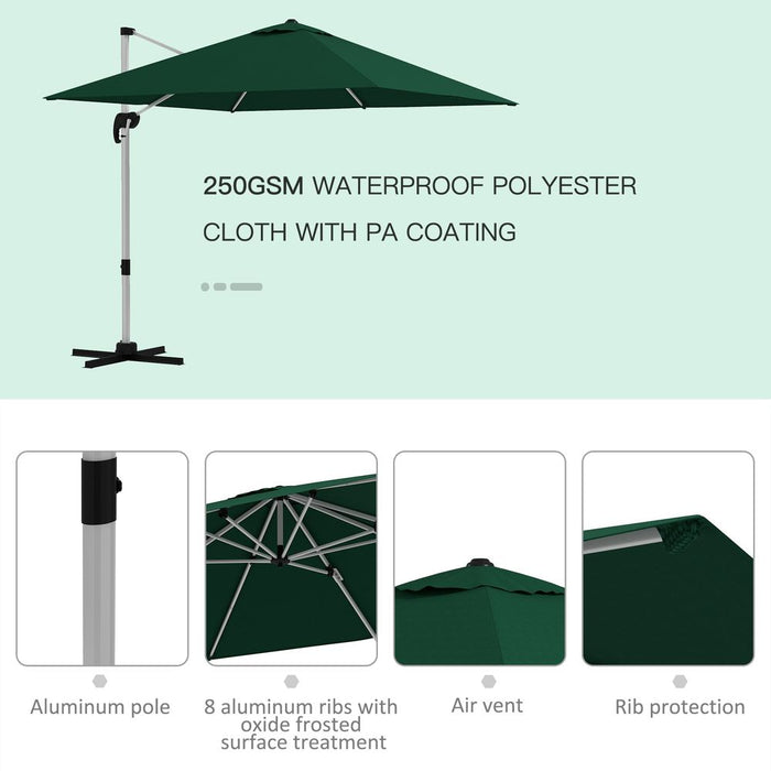 Premium Outsunny Green Cantilever Roma Parasol: 3x3(m) Umbrella - Cross Base - High Quality