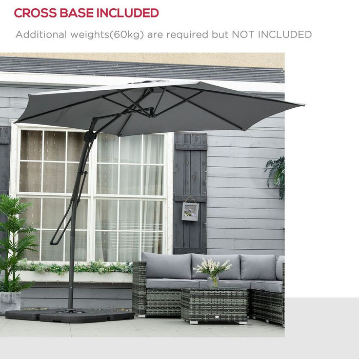 Outsunny 3m Cantilever Parasol - Easy Crank Handle - 6 Ribs - Grey