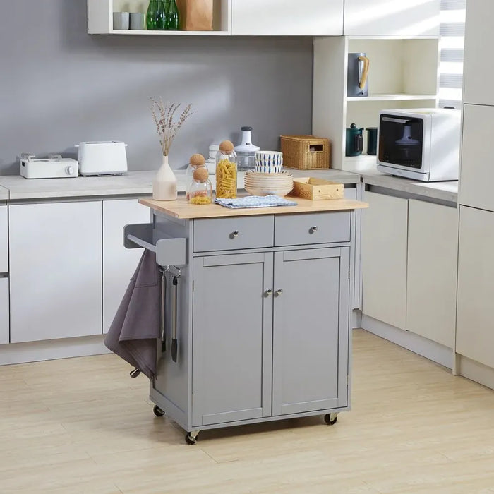 Rolling Kitchen Cart with Rubber Wood Top, Towel Rack, Hooks and Drawers Grey