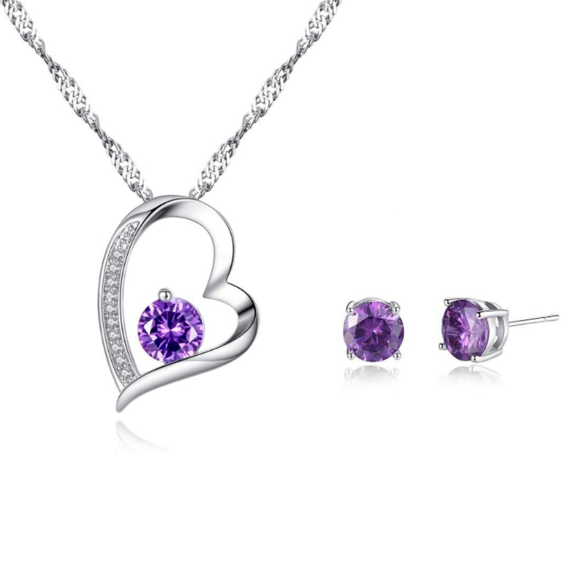 Sparkling Purple Heart Zircon Crystals Pendant Necklace & Earrings Set