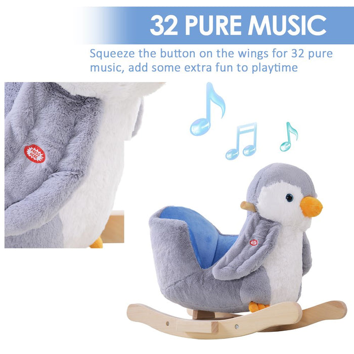 Animal Baby Rocking Horse Penguin Plush Musical Button - 32 Songs, Wood Frame