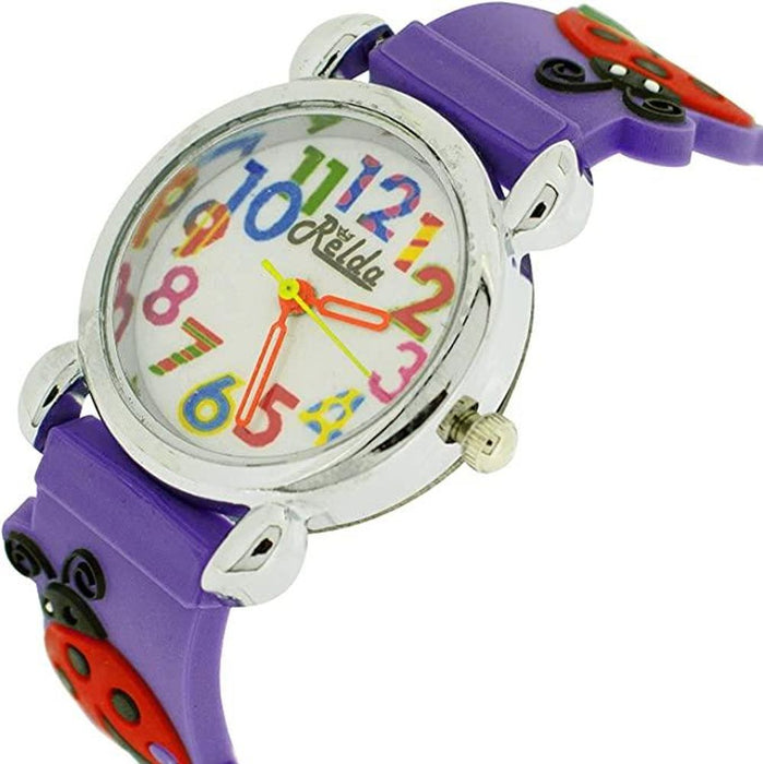 Relda Children's Big Number Analog Ladybird On Purple Silicone Strap Girl's Watch REL105