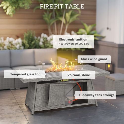 Outsunny 7 Pieces Rattan Garden Furniture Set w/ 50,000 BTU Gas Fire Pit Table