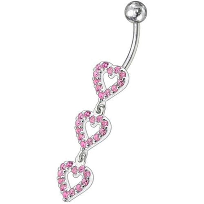 Triple Heart Dangling Fancy Multi Jeweled Curved Bar Belly Ring