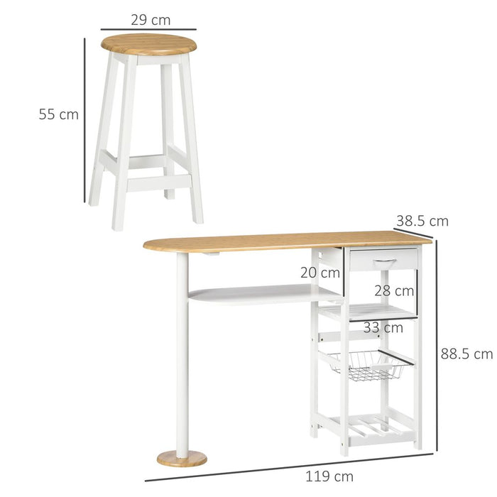 3Pc Bar Table Set, Natural White, Wine Rack, Stools