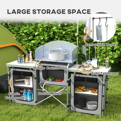 Outsunny Portable Folding Camping Kitchen with Windshield Light Stand Carry Bag
