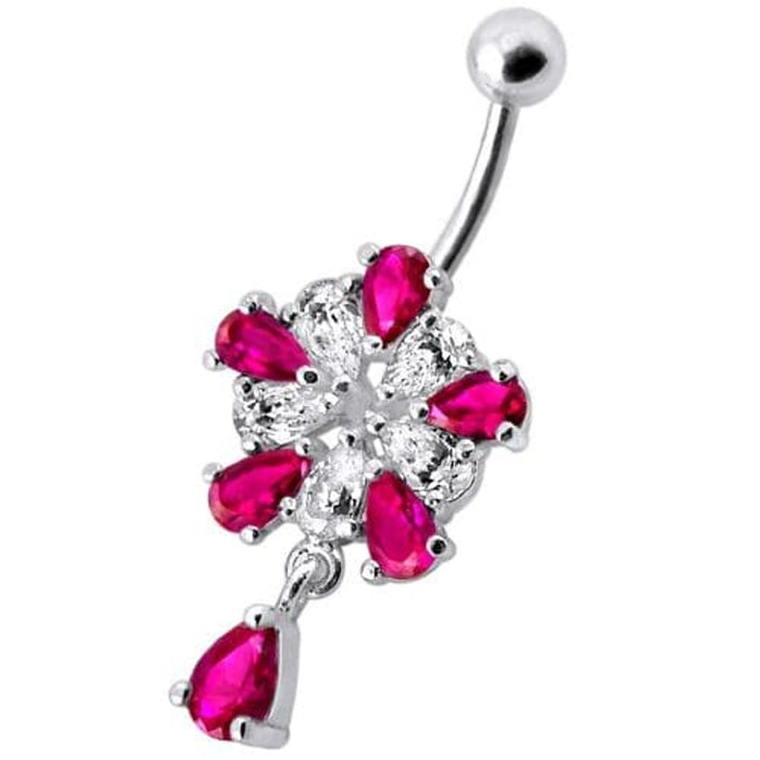 Jeweled Fancy Silver Flower Dangling Banana Bar Navel Belly Ring