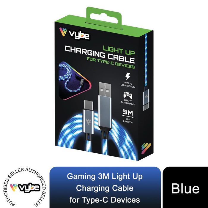 Vybe Gaming Light Up Charging Cable - 3M - Type-C - Blue - Compatible with Xbox, PlayStation, and More