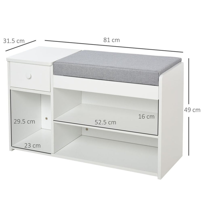 HOMCOM Multi-Storage Shoe Bench w/Drawer 3 Compartments Cushioned Home Organisation Furniture Tidy Boots Hallway Entryway White