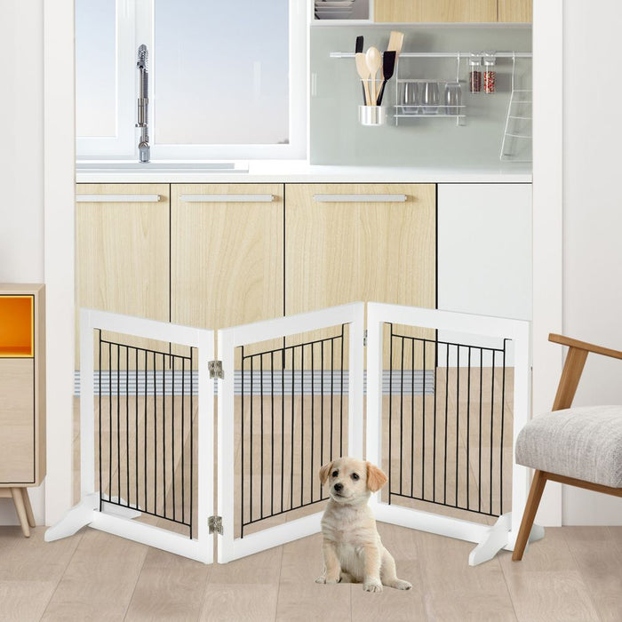 Foldable Dog Gate - 3 Panels, Support Feet - High-Quality Wooden Pet Barrier