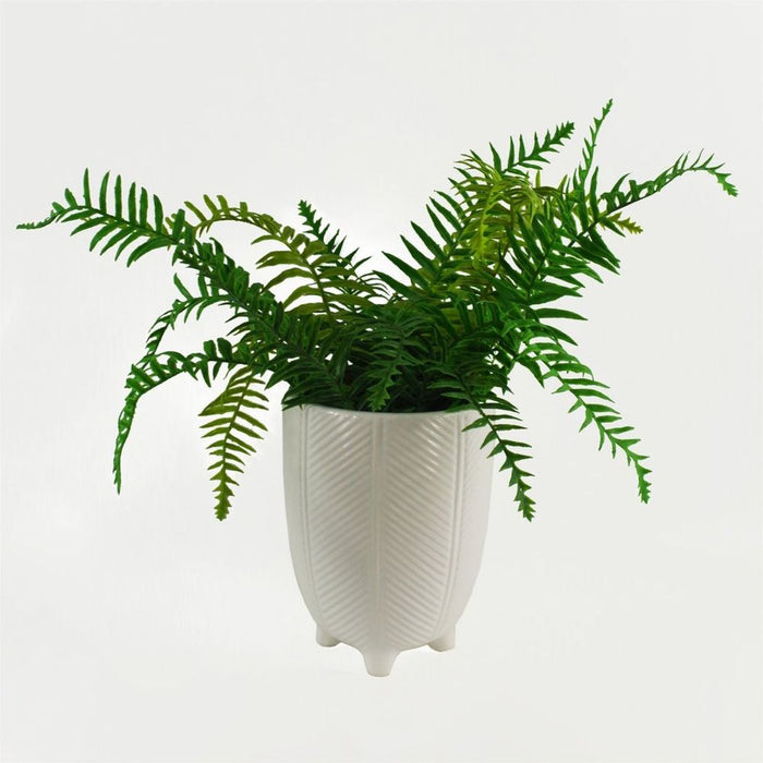 Premium Ceramic Planter w/ Feet | White Stripe | 15x15x19cm