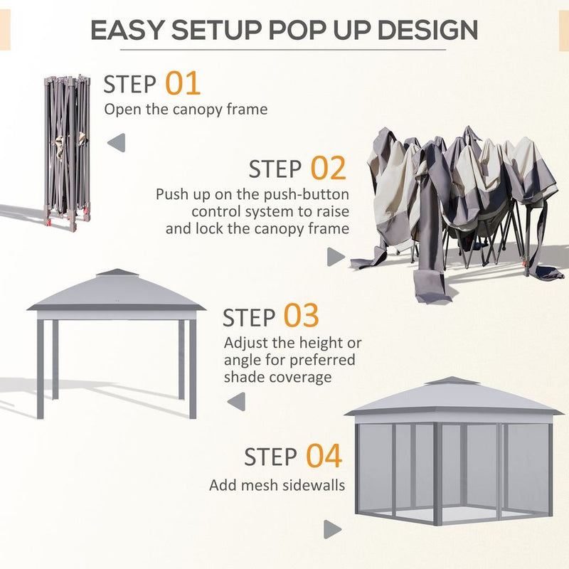 Pop Up Gazebo Height Adjustable Canopy Tent w/ Carrying Bag, Grey