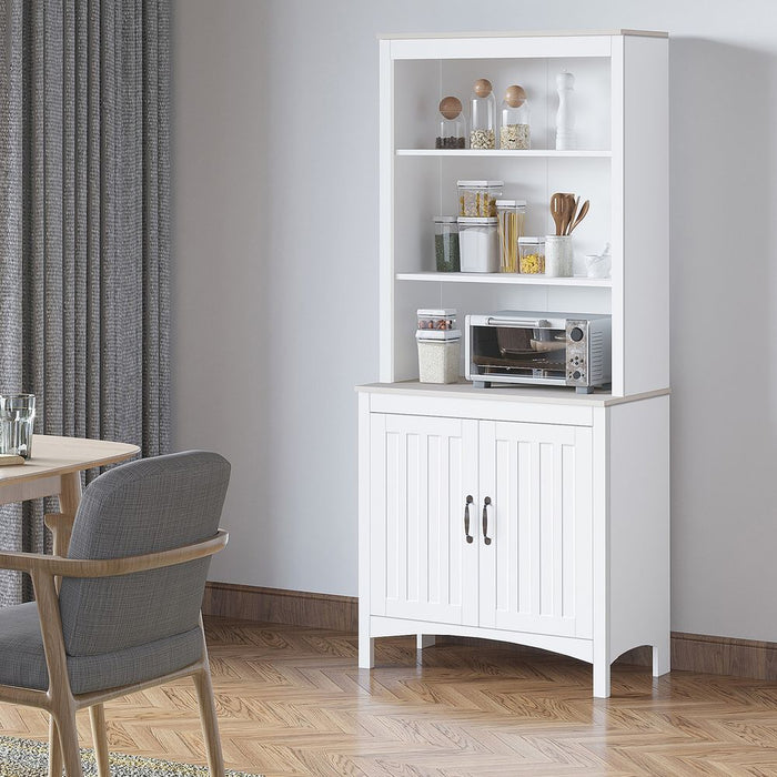 White Kitchen Cupboard with 3-tier Shelving" - Maximize storage and minimize clutter with our sleek, spacious pantry cabinet.