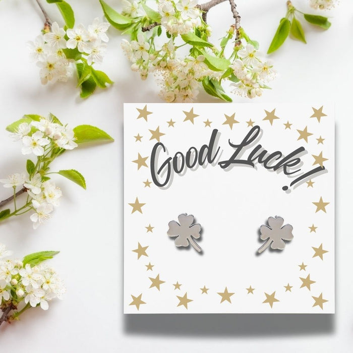 Good Luck Card & Four Leaf Clover Stud Earrings