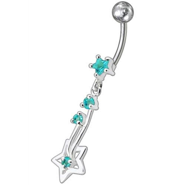 Silver Fancy Star Jeweled Dangling With SS Bar Navel Ring