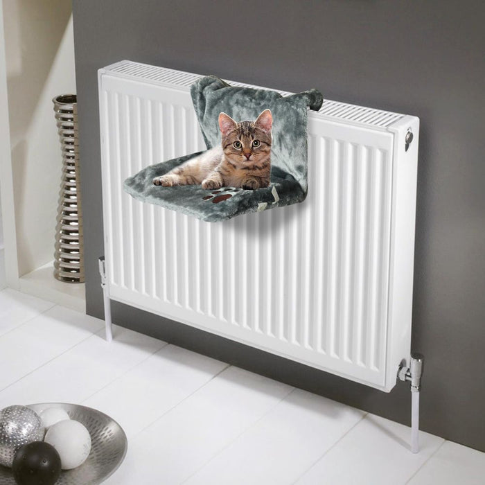 Cozy Cat Radiator Bed - Super Soft Fur, Strong Durable Frame, Grey w/ Paw Print - Perfect for All Cats & Kittens