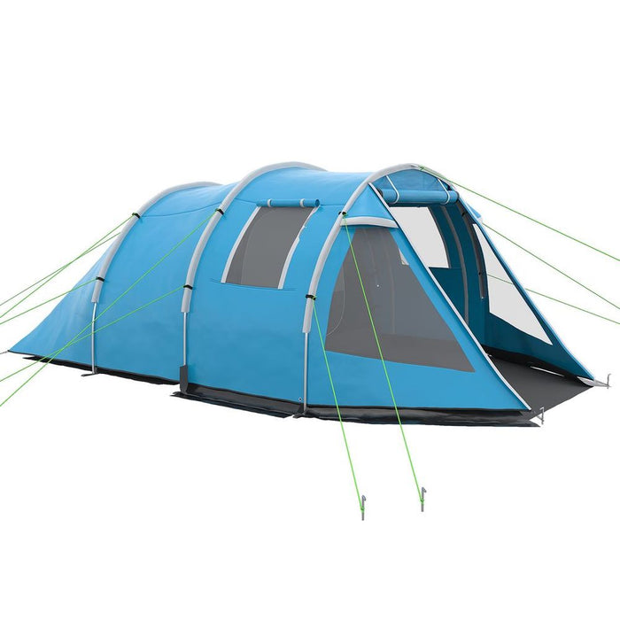 High-Quality 3-4 Person Camping Tent | Tunnel Design, Two Rooms, Windows, Blue