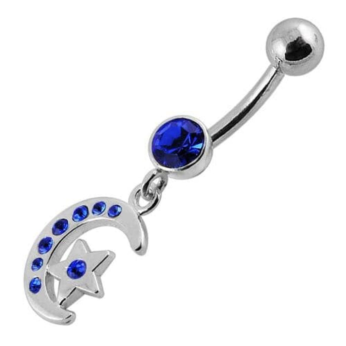 Jeweled Star Moon Fancy Silver Dangling SS Bananna Bar Belly Ring