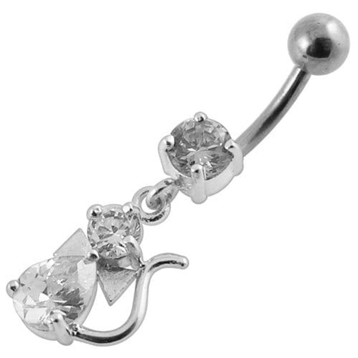 Jeweled Fancy Silver Dangling Banana Bar Belly Ring