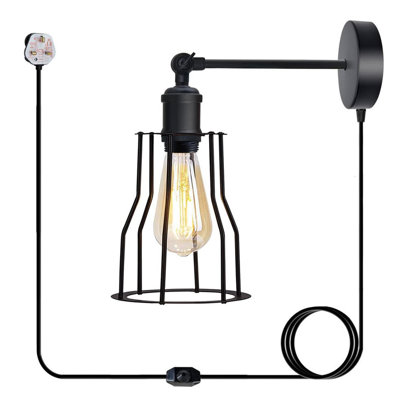 Black Vintage Industrial Light Plug in Wire cage E27 Wall Lamp~5059