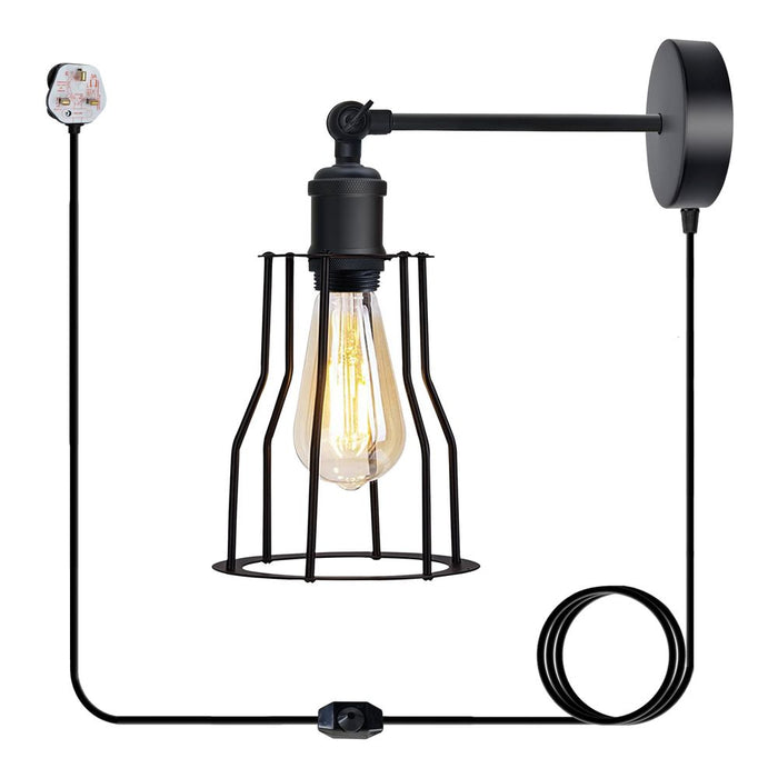 Modern Industrial Black Loft Metal Plug in wall Lamp Shade Wire Cage 4m Rapper cable with dimmer switch