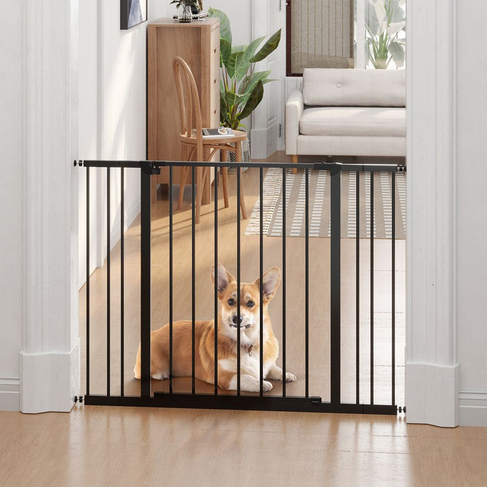 Premium Pressure Fit Dog Gate - Secure, Easy Install - Ideal for Stairs & Doorways - Black - 76-107cm Width