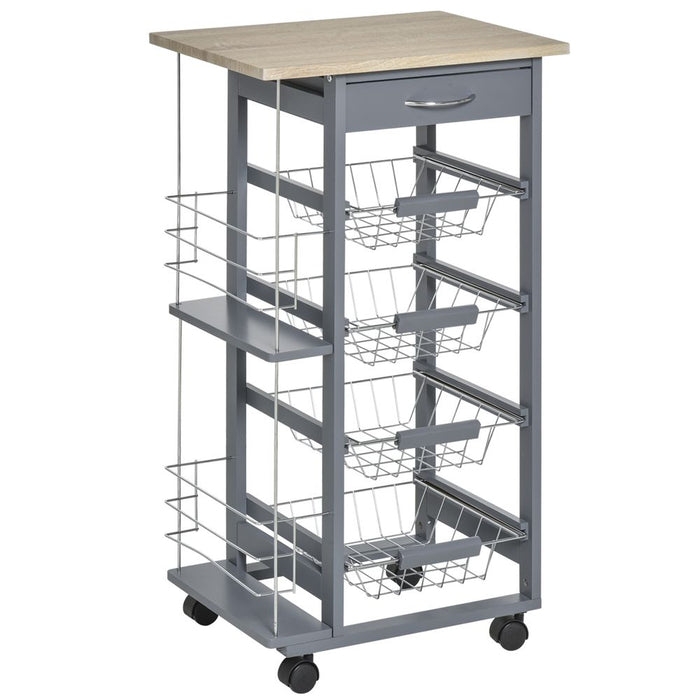 Kitchen Island Trolley w/ 4 Baskets 2 Side Racks Drawer Dark Grey