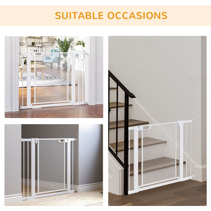 PawHut Pressure Fit Safety Gate for Doorways and Staircases, Dog Gate w/ Auto Closing Door, Pet Barrier for Hallways w/ Double Locking, Openings 75-103CM - White