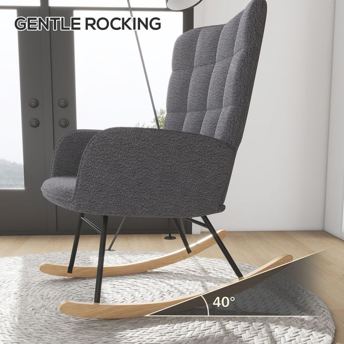 HOMCOM Wingback Rocking Chair - Steel Frame & Wooden Base - Grey