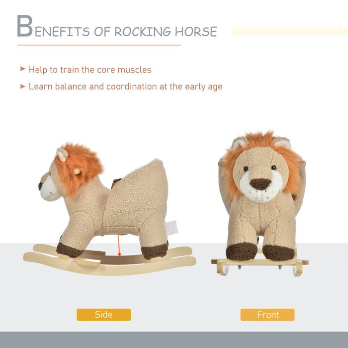 HOMCOM Kids Children Rocking Horse Plush Ride On Lion Seat w/Sound Wood Base Seat Safety Belt Toddler Baby Toy for 18-36 Months Brown