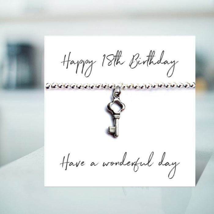 Happy 18th Birthday Bracelet & Message Card - Silver Plated Beaded Bracelet with Key Charm - Perfect Gift