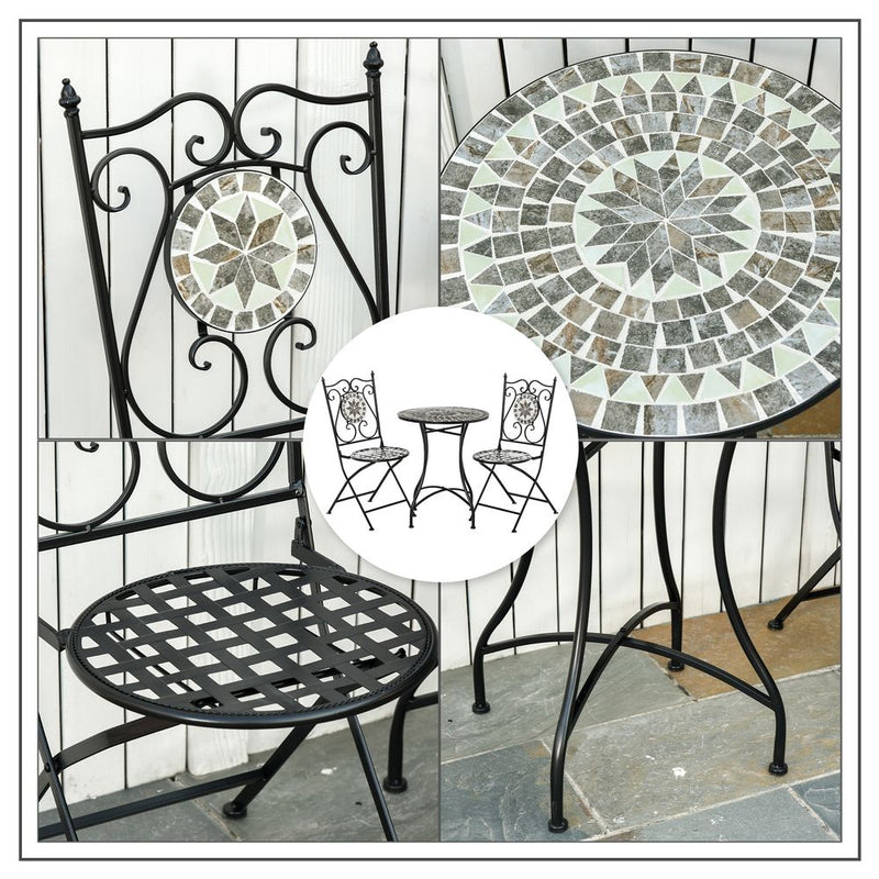 Premium Metal Mosaic Tile Bistro Set - 3 Pc Folding Chairs - Outdoor Garden Furniture