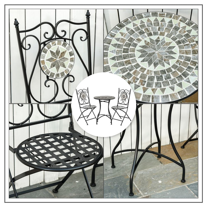 Premium Metal Mosaic Tile Bistro Set - 3 Pc Folding Chairs - Outdoor Garden Furniture