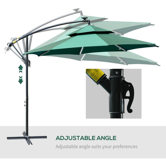 Premium 3m Double Roof Cantilever Banana Parasol w/ LED Solar Lights - Crank, Green