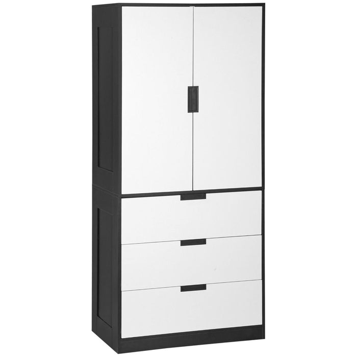 2 Door Wardrobe Modern Wardrobe with 3 Drawer and Hanging Rod for Bedroom White